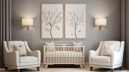 3d render of baby room with white armchair and light lampの素材