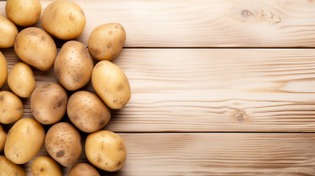 Raw potatoes on wooden background. Top view with copy space for your textの素材