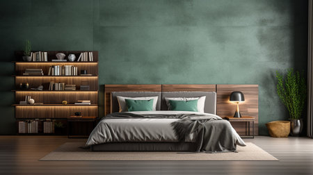 Interior of modern bedroom with green walls, concrete floor, comfortable king size bed and bookcase. 3d renderingの素材