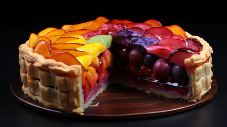 Delicious fruit tart on black background, closeup. Delicious dessertの素材