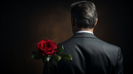 Businessman with a red rose on a dark background, back viewの素材