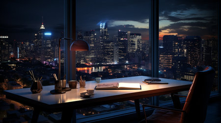 Modern office interior with city view, furniture and night cityscape.の素材