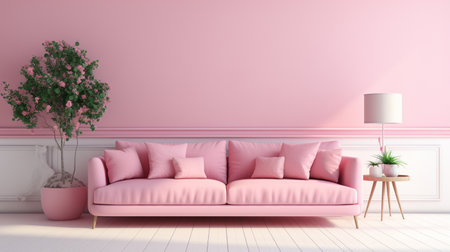 Pink sofa in modern living room with pink wall and floor - renderingの素材