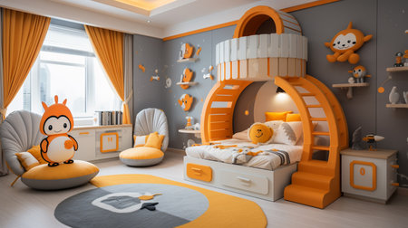 Children's room in orange and grey colors. 3d rendering.の素材