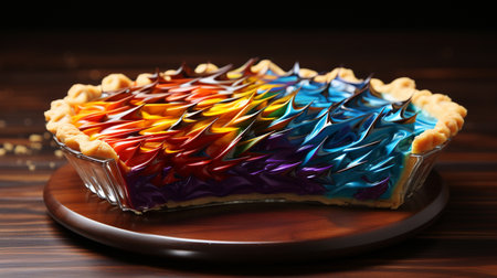 Delicious cake with rainbow cream on wooden table, closeup viewの素材