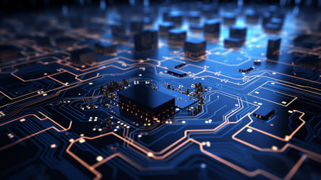 Circuit board with microchips and connections. 3d renderingの素材