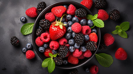 Fresh berries in a bowl on a dark background, top view.の素材