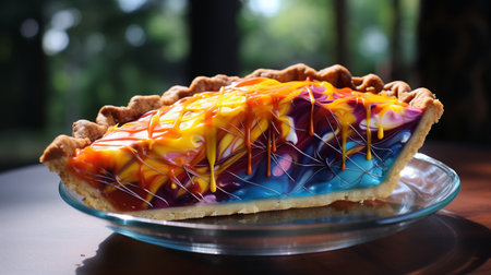 Colorful fruit cake on a glass plate on a wooden table.の素材