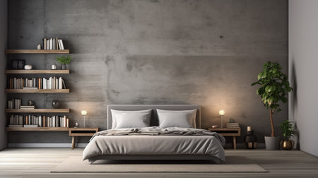 Interior of modern bedroom with gray walls, wooden floor and comfortable king size bed with white linen. 3d renderingの素材