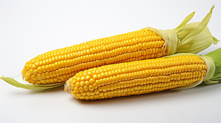 Fresh corn on the cob on a white background, close-upの素材