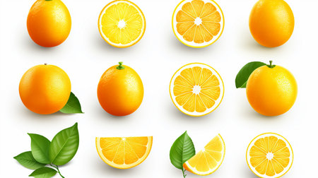 Collection of realistic oranges with leaves isolated on white background. Vector illustration.の素材