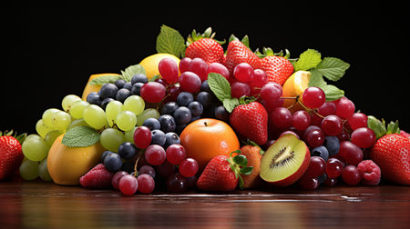 Fresh fruits on a wooden table on a black background. Close-up.の素材