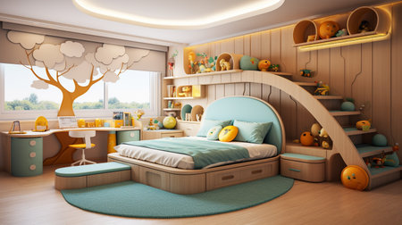 3d render of children's room with a wooden bed and toysの素材