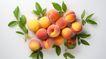 Fresh apricots with green leaves on white background, top viewの素材