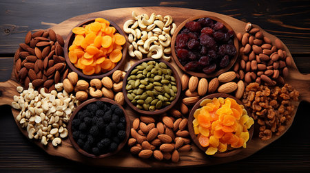 Composition with assorted dried fruits and nuts on wooden background. Top viewの素材