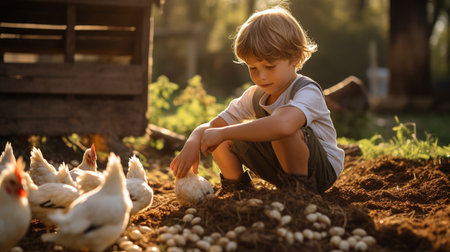 Cute little boy playing with chickens in the garden. Rural scene.の素材