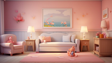 Children's room with pink walls, a sofa and toys. 3d renderingの素材