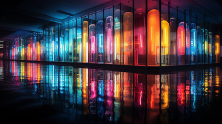 Futuristic corridor with neon lights and reflections. Abstract background.の素材