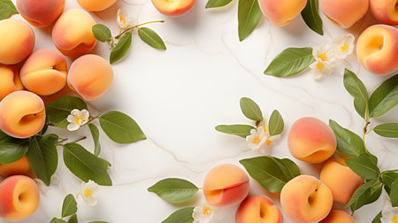 Frame made of fresh apricots and flowers on white background, top viewの素材