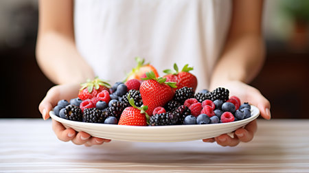 Woman hands holding plate with fresh berries. Healthy eating and dieting conceptの素材
