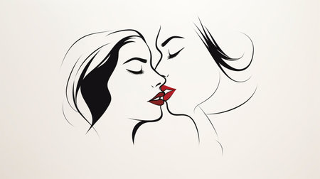Illustration of a beautiful girl kissing her boyfriend on white background.の素材