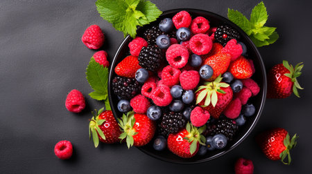 Blackberries, raspberries and blueberries in a bowl on a black backgroundの素材