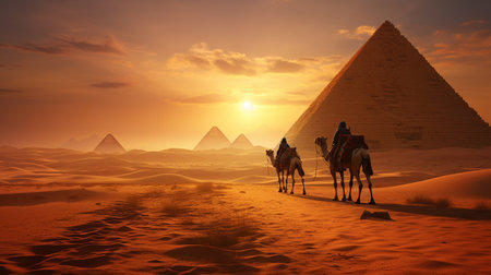 Egyptian pyramids and camels in the Sahara desert at sunsetの素材