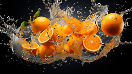 Fresh oranges falling into water with splash on black background, closeupの素材