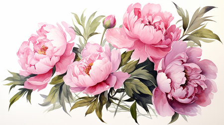 Beautiful peony flowers in watercolor style on a white backgroundの素材