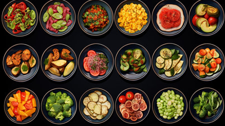Healthy food selection in black bowls on black background, top viewの素材