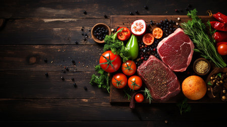 Raw beef steak with ingredients for cooking on wooden background. Top viewの素材