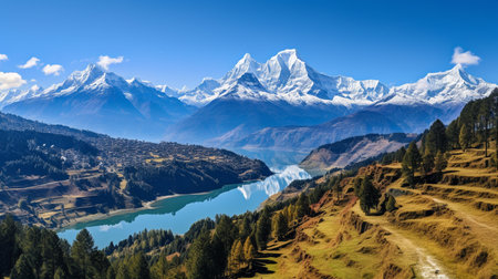 Panoramic view of the Himalayas and the lake.の素材