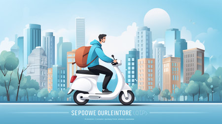 Man riding a scooter in the city. Flat style vector illustration.の素材
