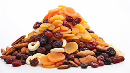 Mix of dried fruits and nuts on white background. Healthy food.の素材