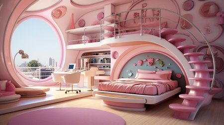 Interior of childrens room with pink furniture. 3d renderingの素材