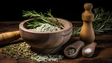 Herbs and spices on a wooden table. Herbs and spices.の素材