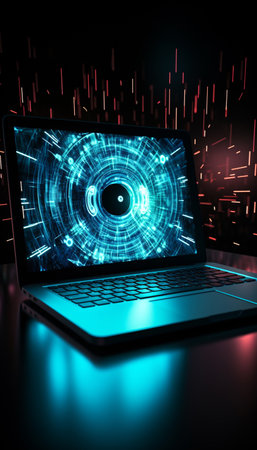 Laptop with blue glowing HUD interface on black background 3D renderingの素材