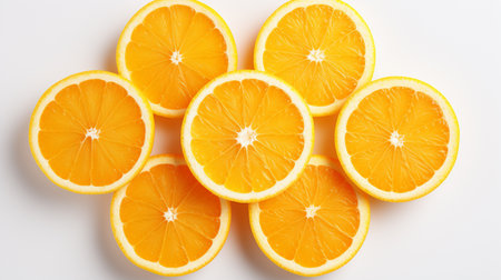 Slices of fresh orange isolated on white background, top viewの素材
