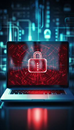 Cyber security concept with lock icon on laptop screen 3D renderingの素材