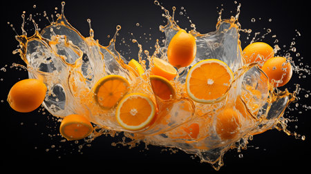 Fresh oranges in water splash isolated on black background. 3d illustrationの素材