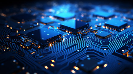 Close up of electronic circuit board. Technology background. 3D renderingの素材