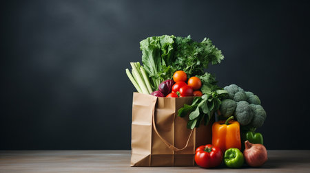 Shopping bag full of fresh vegetables on wooden table over dark backgroundの素材
