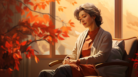 Beautiful woman sitting in armchair and looking at window. Autumn conceptの素材