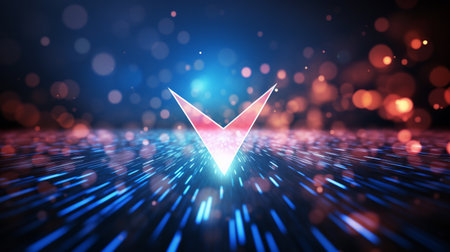 3d rendering of red arrow on blue background with bokehの素材