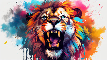 Lion head on colorful splashes background. Colorful illustration.の素材