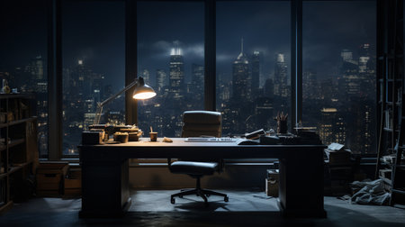 3D rendering of a desk in a dark office at night.の素材