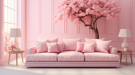 Pink sofa with pink pillows in living room. 3D renderingの素材