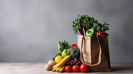 Paper bag with fresh vegetables and fruits on wooden table against grey backgroundの素材