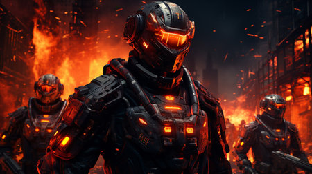 Futuristic battle scene with soldiers and fire in the background.の素材