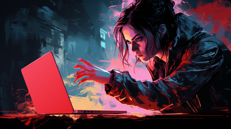 Cyberpunk girl working on a laptop with a red light effectの素材